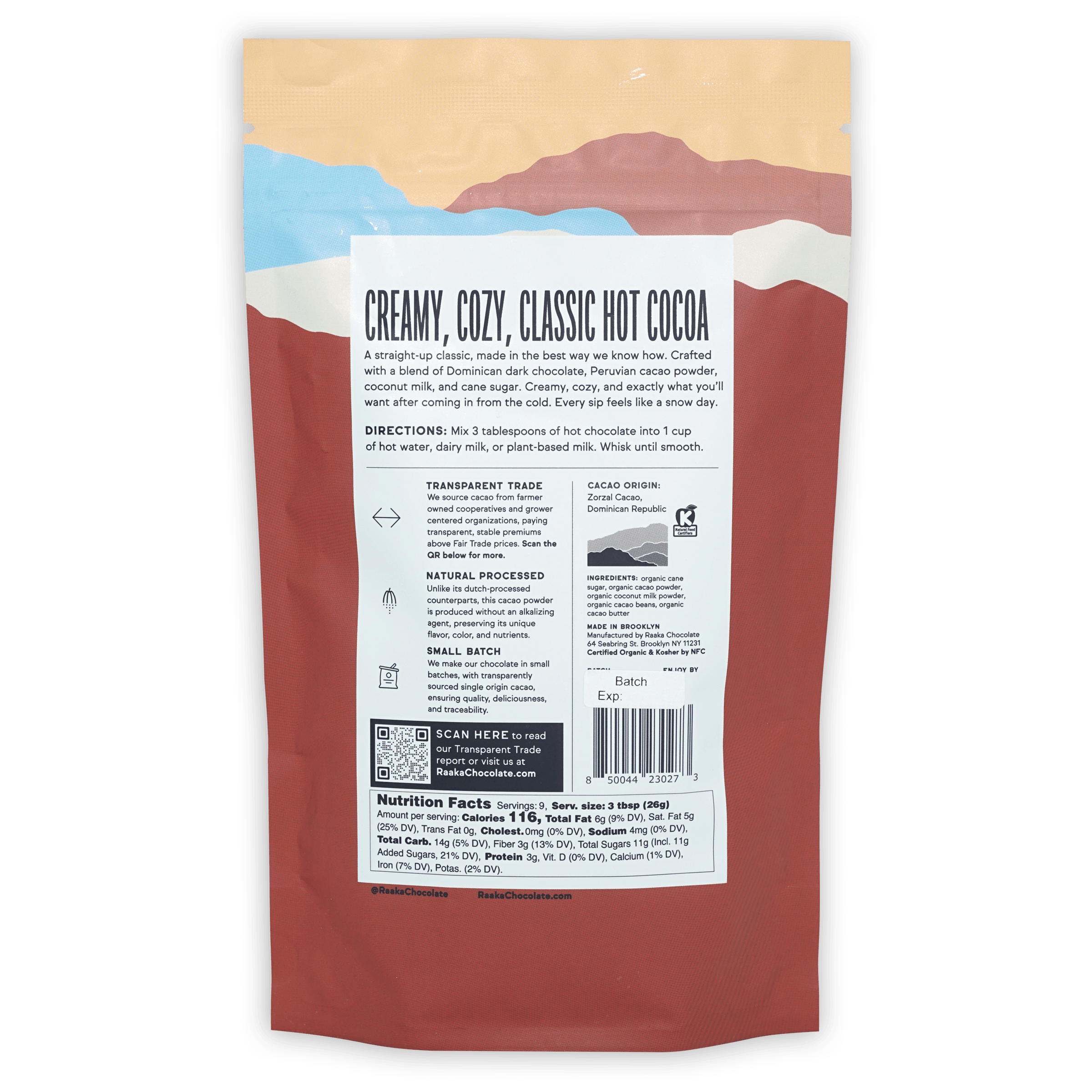 Raaka Classic Hot Chocolate matte earth-toned pouch with mountain design