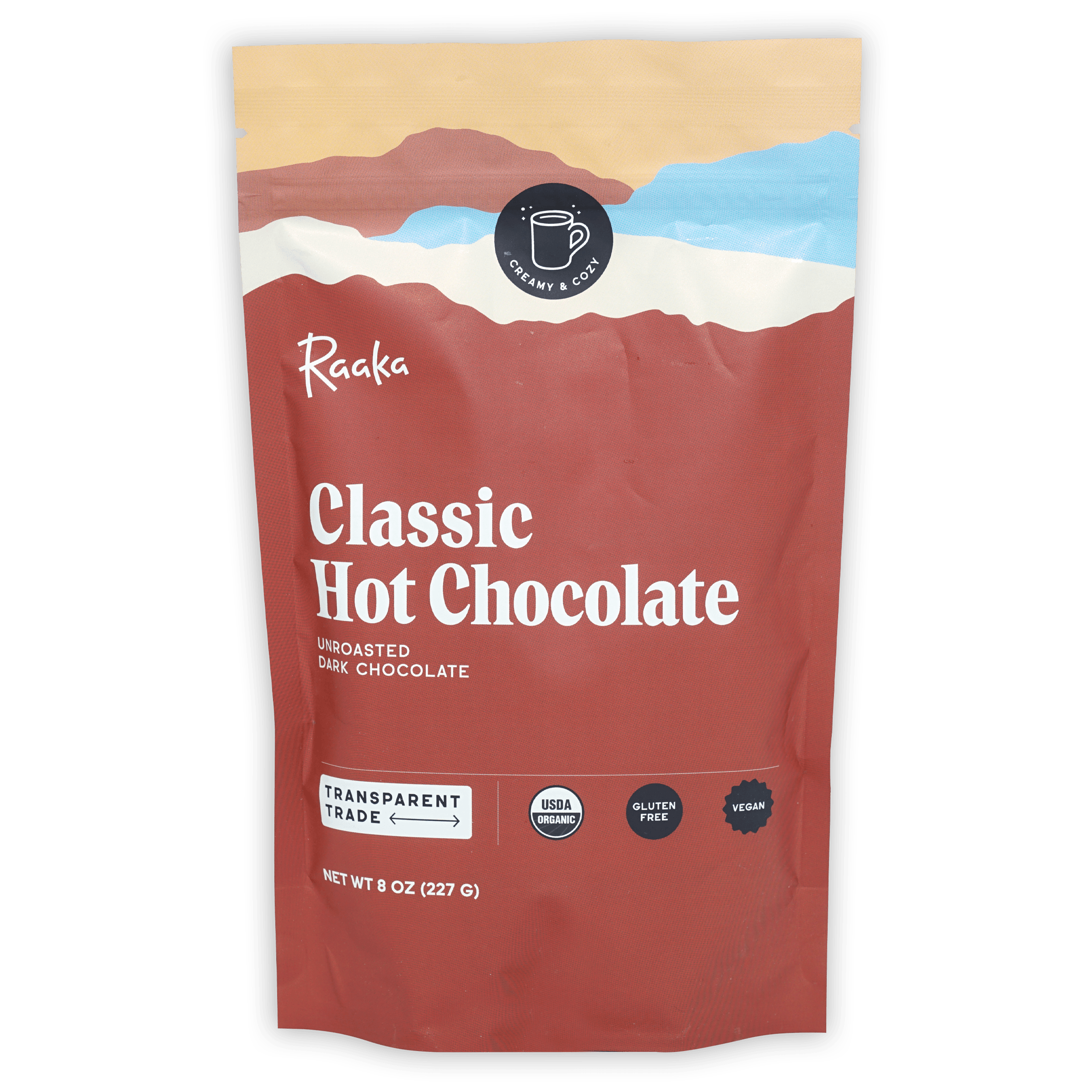 Raaka Classic Hot Chocolate in red resealable pouch with mountain graphics