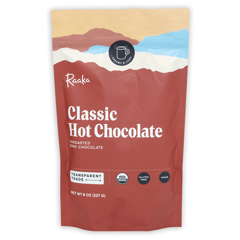 Raaka Classic Hot Chocolate in red resealable pouch with mountain graphics