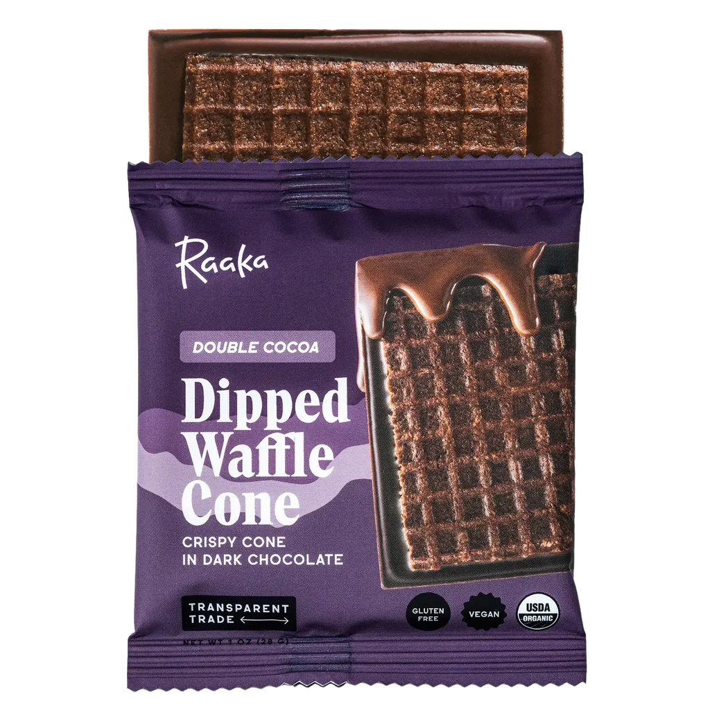 Raaka Double Chocolate Waffle Cone 61% purple-wrapped bar with chocolate drips