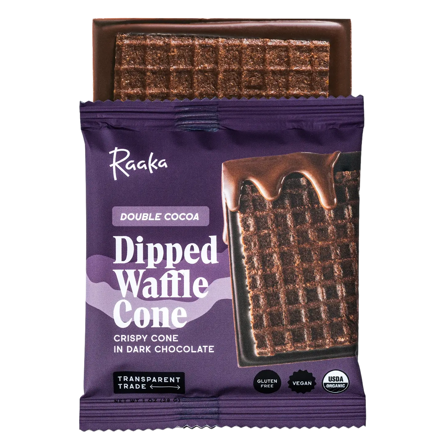 Raaka Double Chocolate Waffle Cone 61% purple-wrapped bar with chocolate drips