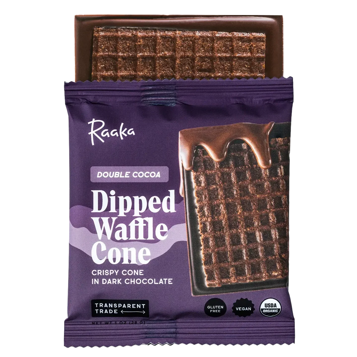Raaka Double Chocolate Waffle Cone 61% purple-wrapped bar with chocolate drips