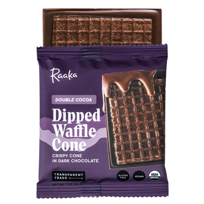 Raaka Double Chocolate Waffle Cone 61% purple-wrapped bar with chocolate drips
