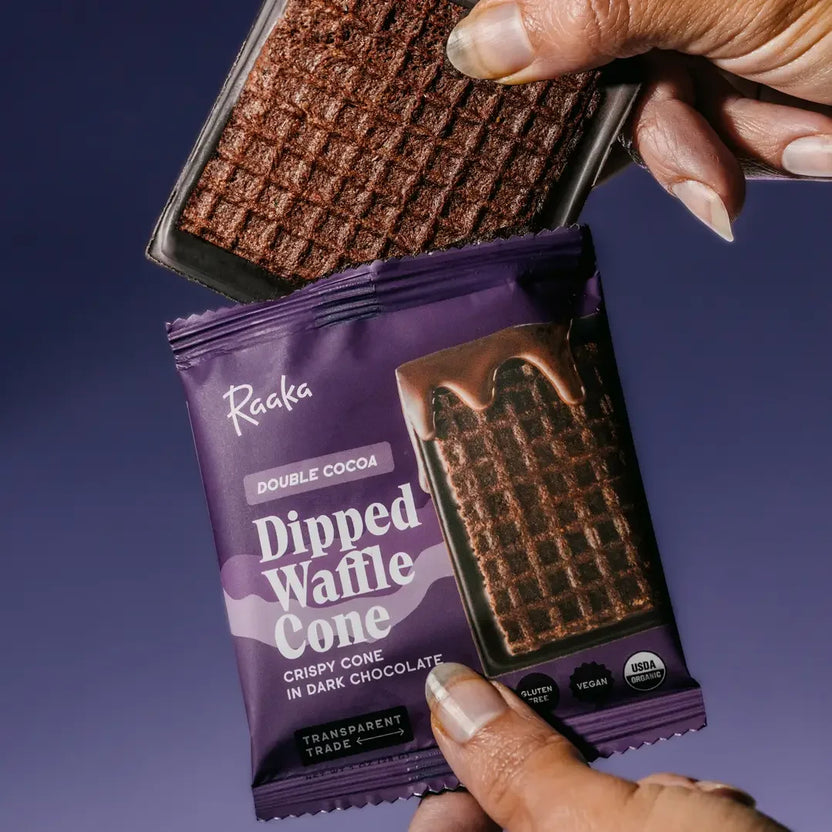 Raaka Double Chocolate Waffle Cone 61%: purple-wrapped raaka double cocoa dipped cone