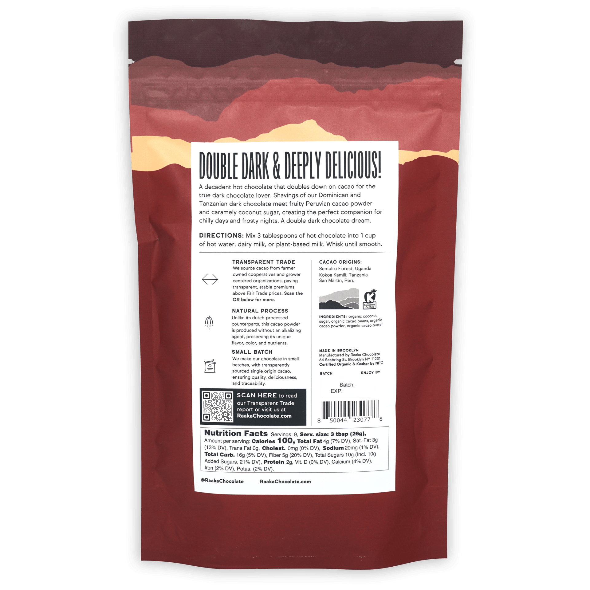 Raaka Double Dark Hot Chocolate pouch back with ingredients