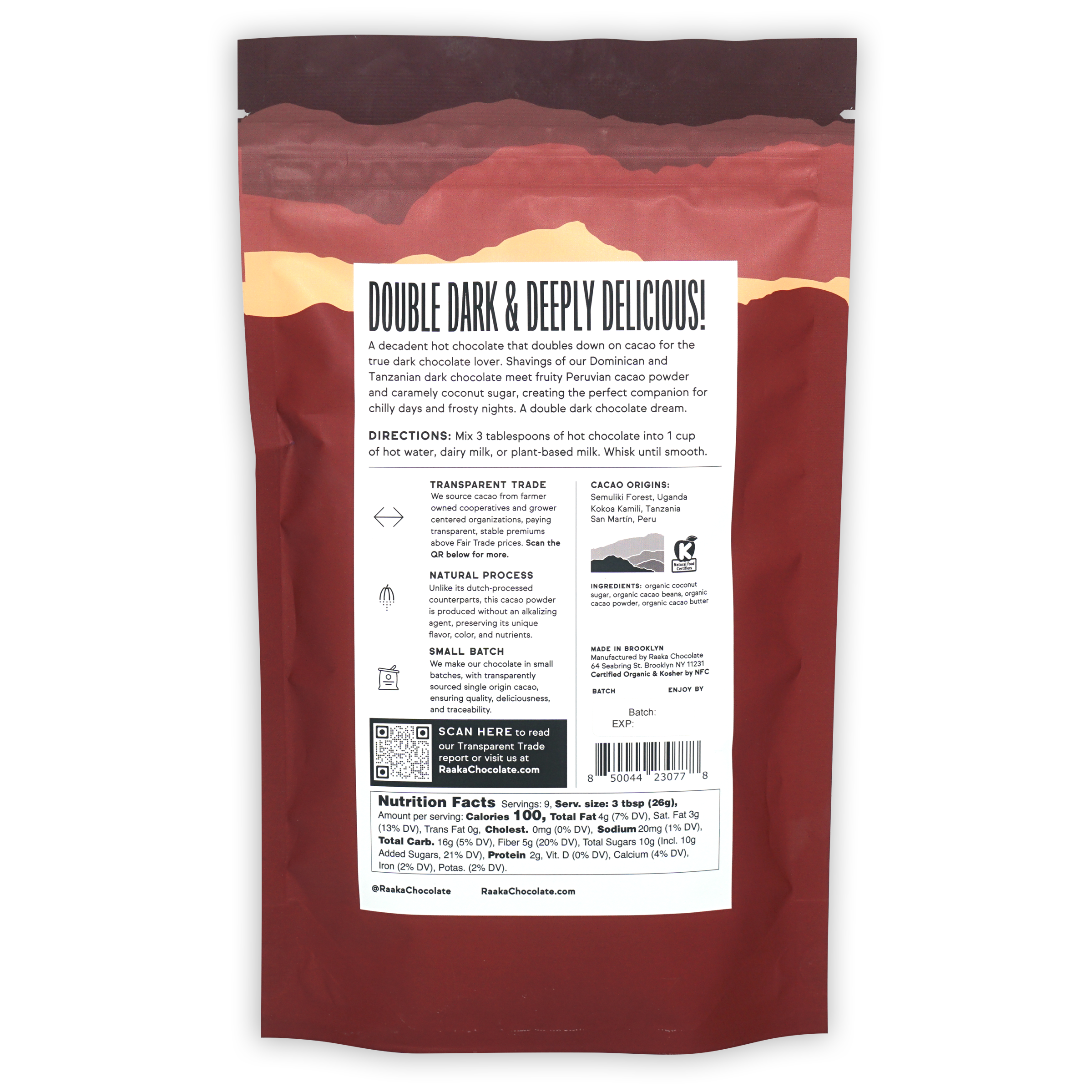 Raaka Double Dark Hot Chocolate pouch back with ingredients