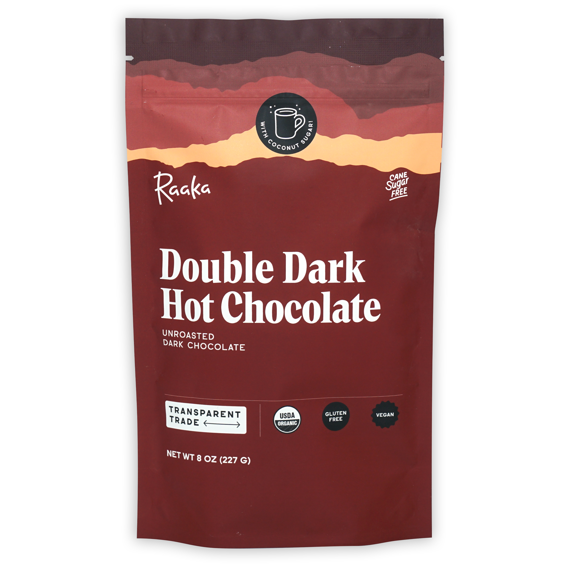Raaka Double Dark Hot Chocolate maroon pouch with sunset design, organic cane sugar-free certifications