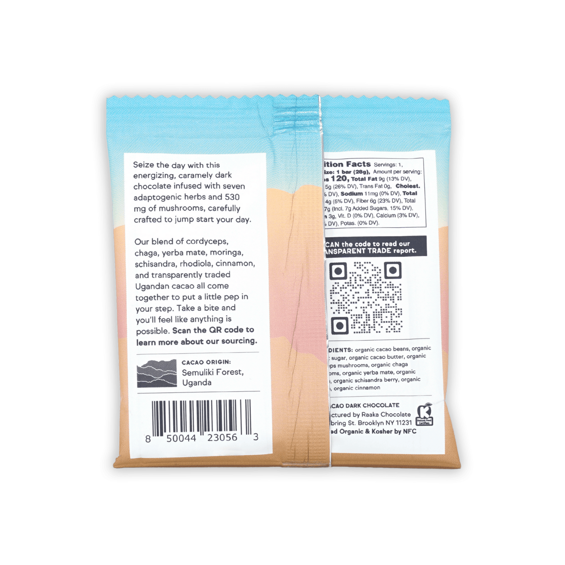 Raaka Day Break 63% functional dark chocolate bar with adaptogens and mushrooms