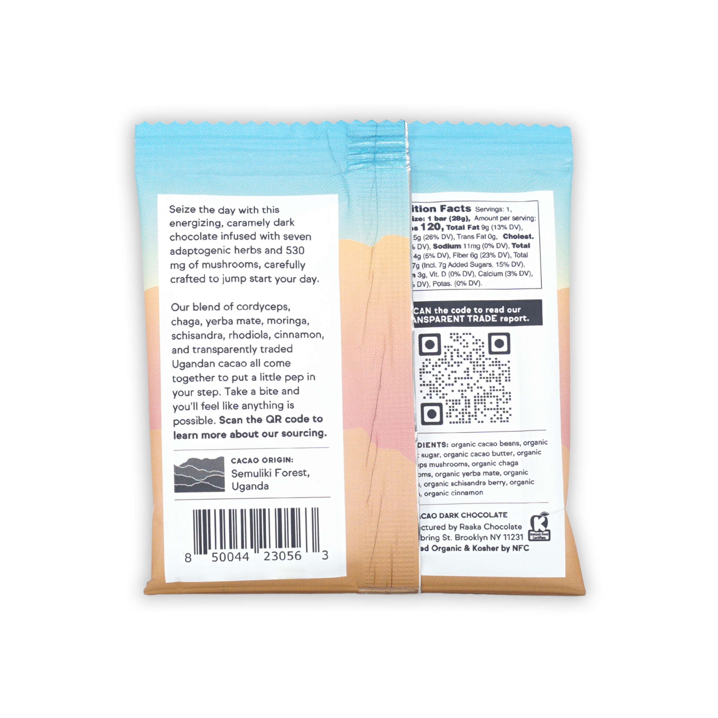 Raaka Day Break 63% functional dark chocolate bar with adaptogens and mushrooms