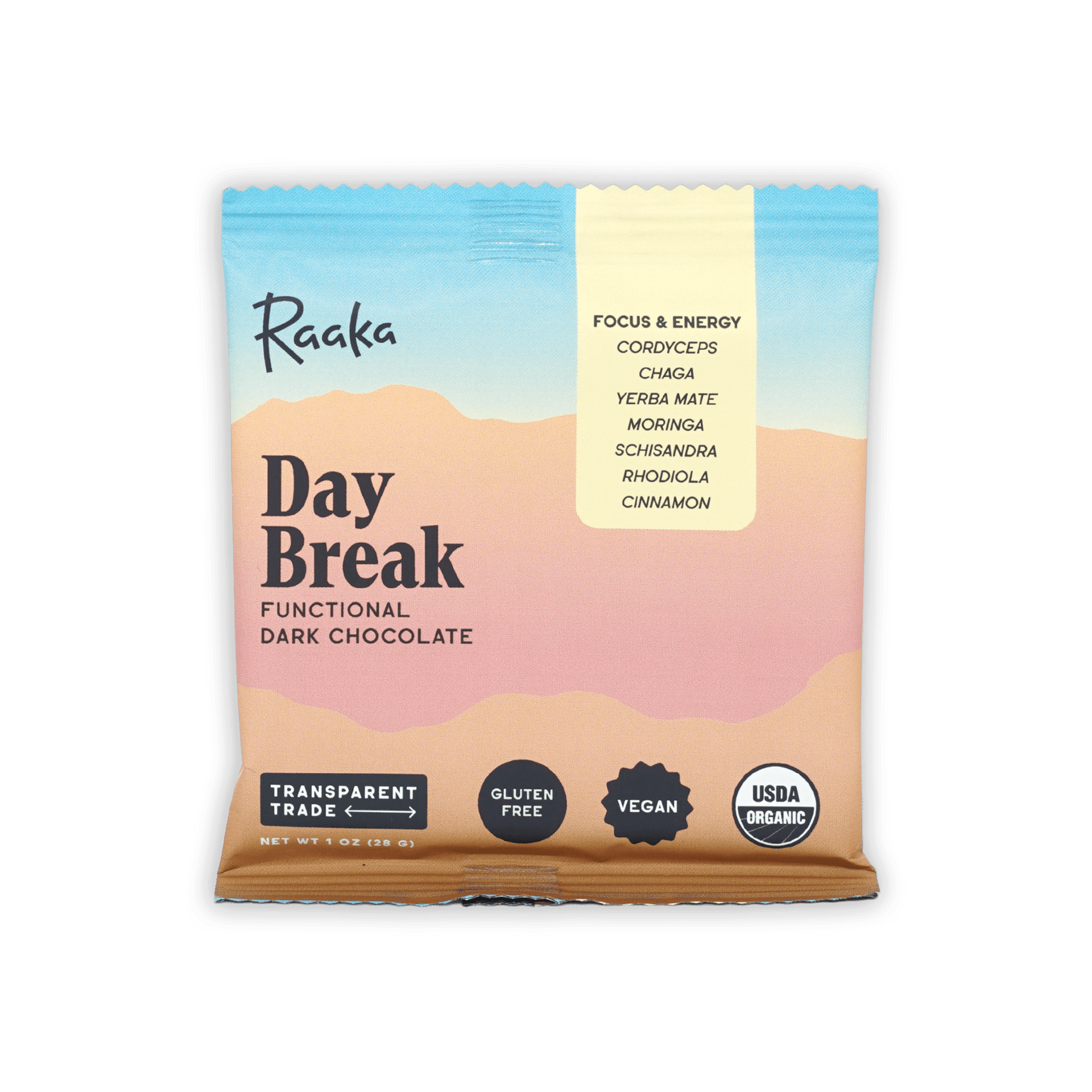 Raaka Day Break functional dark chocolate bar in pastel desert package