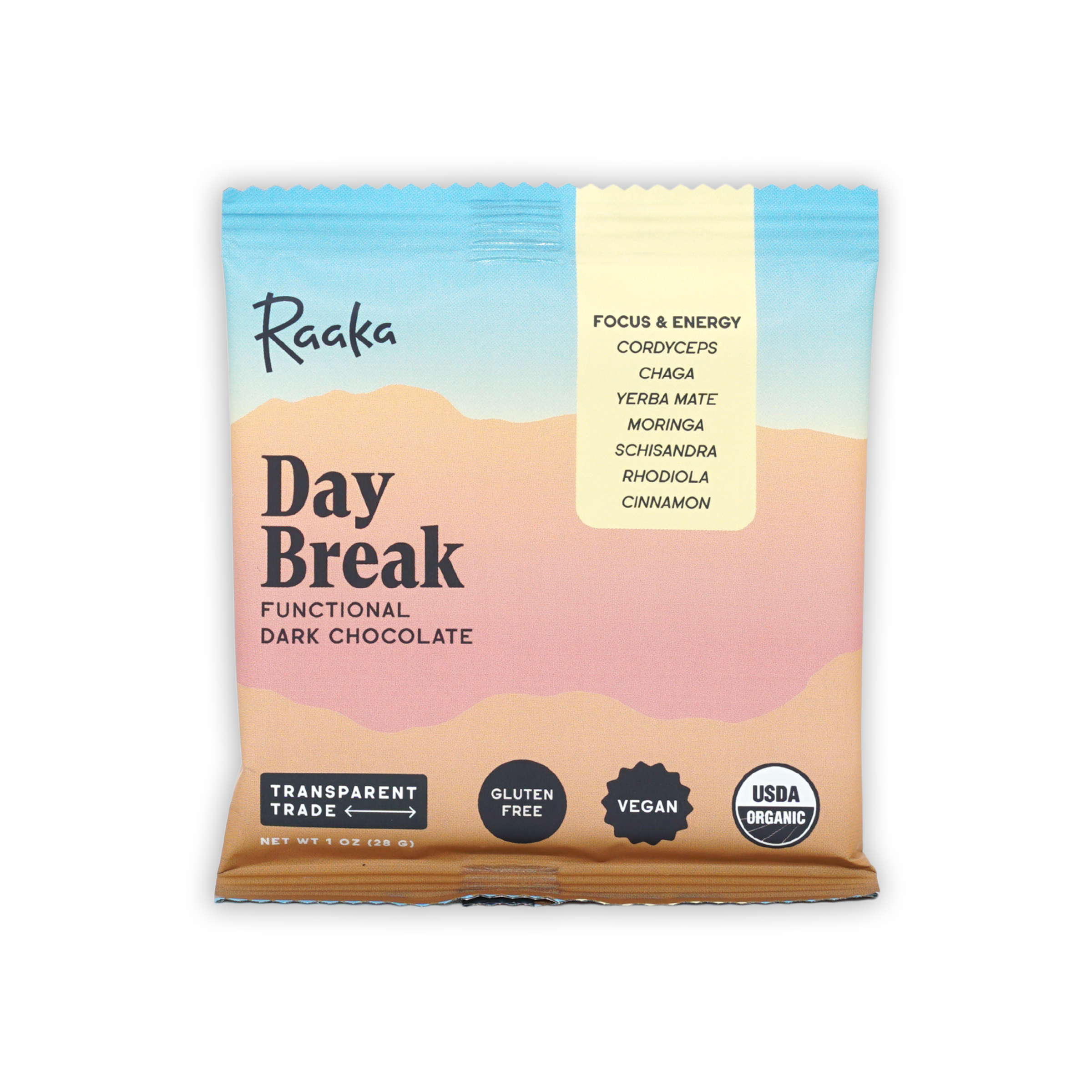 Raaka Day Break functional dark chocolate bar in pastel desert package