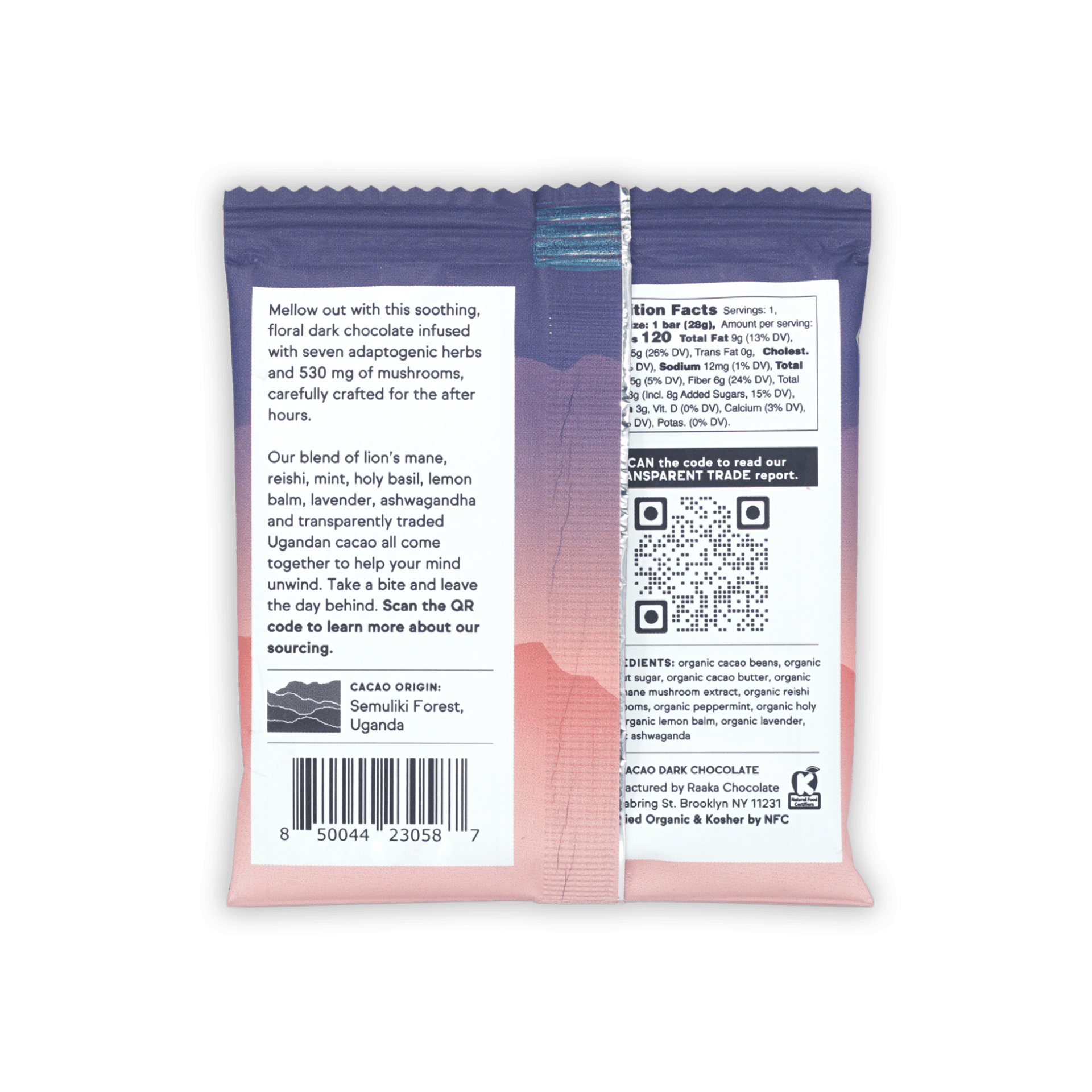 Raaka Mellow Moon 64% dark chocolate bar with pink-purple gradient and adaptogenic herbs