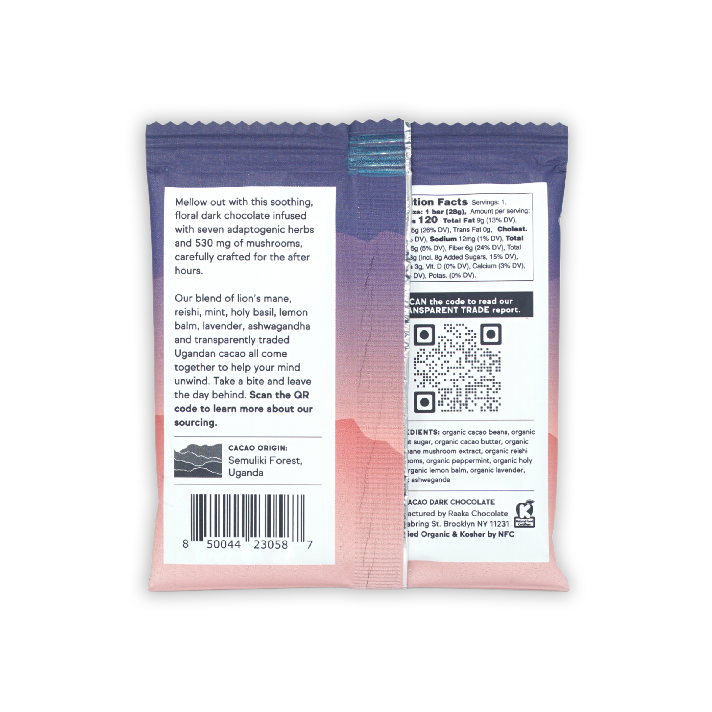 Raaka Mellow Moon 64% dark chocolate bar with pink-purple gradient and adaptogenic herbs