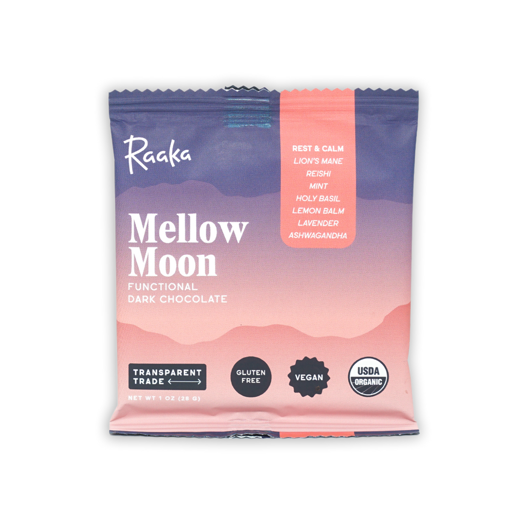 Raaka Mellow Moon functional dark chocolate bar in pink purple foil