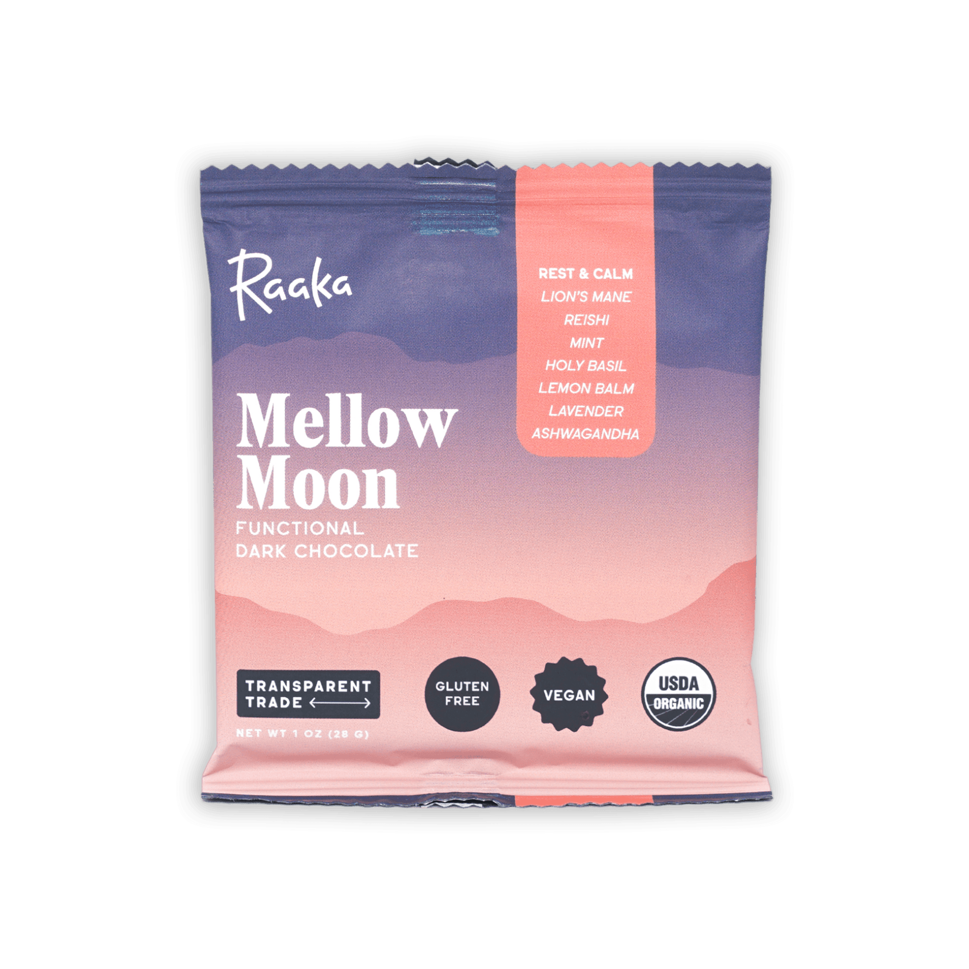 Raaka Mellow Moon functional dark chocolate bar in pink purple foil