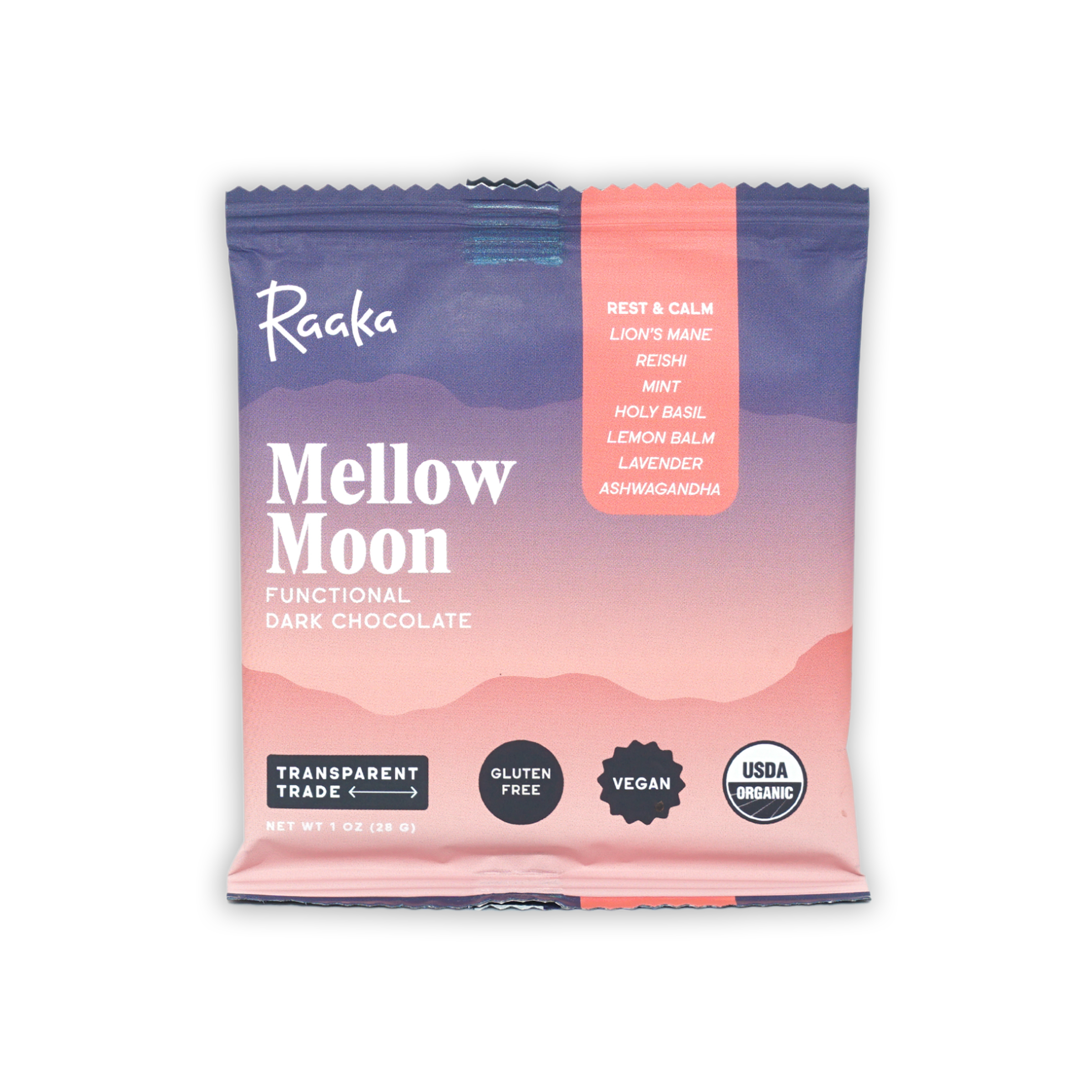 Raaka Mellow Moon functional dark chocolate bar in pink purple foil