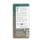 Back view of a Raaka chocolate bar wrapper showing ingredients and nutrition facts on a black background.