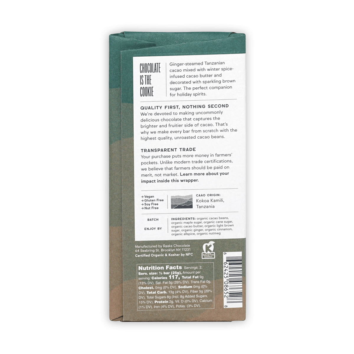 Back view of a Raaka chocolate bar wrapper showing ingredients and nutrition facts on a black background.