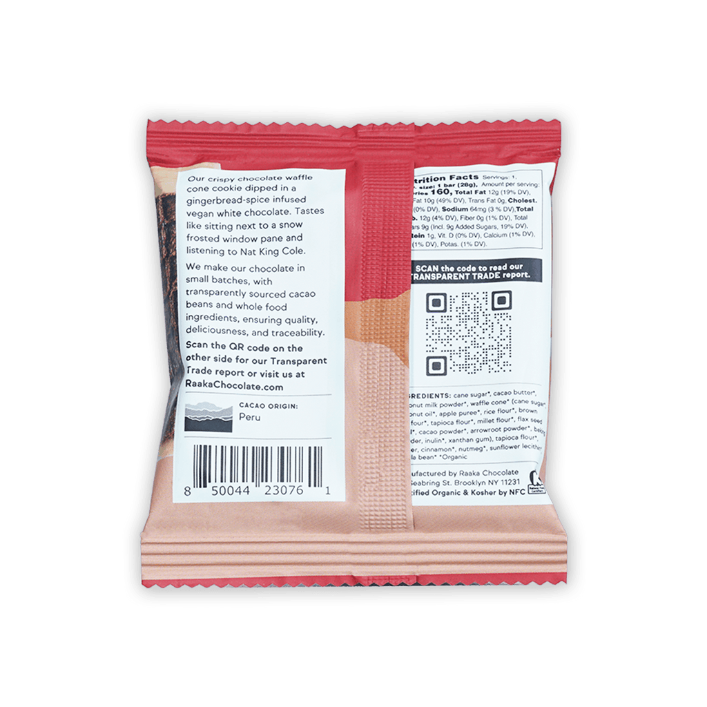 Raaka Gingerbread Dipped Waffle Cone Bar in pink red foil with vegan white chocolate dip