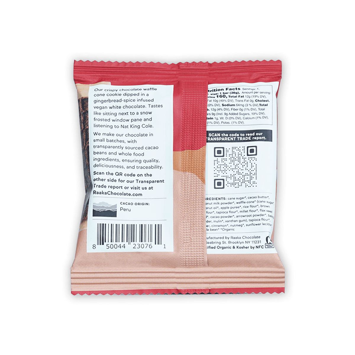 Raaka Gingerbread Dipped Waffle Cone Bar in pink red foil with vegan white chocolate dip