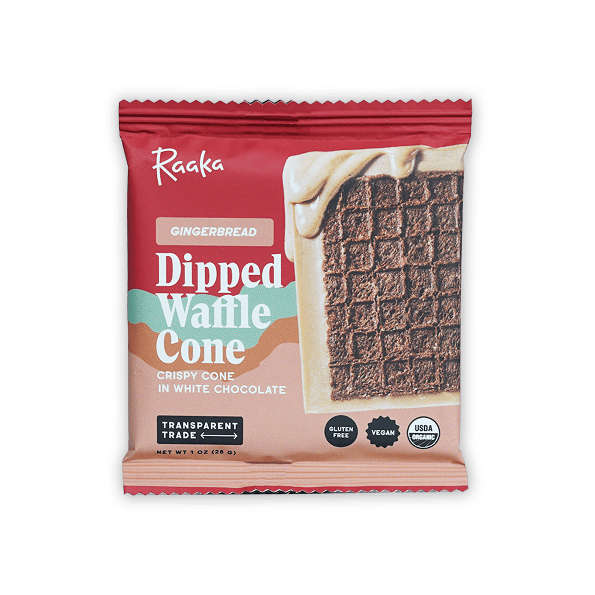 Raaka Gingerbread Dipped Waffle Cone Bar in red pink pouch