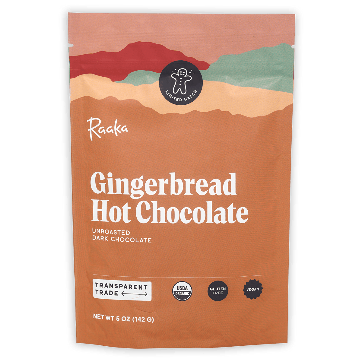 Orange Raaka pouch, Gingerbread Hot Chocolate, unroasted dark chocolate, 5 oz.