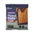 Raaka London Fog Dipped Waffle Cone in purple and green wrapper showing chocolate-dipped waffle, crispy cone in dark chocolate.