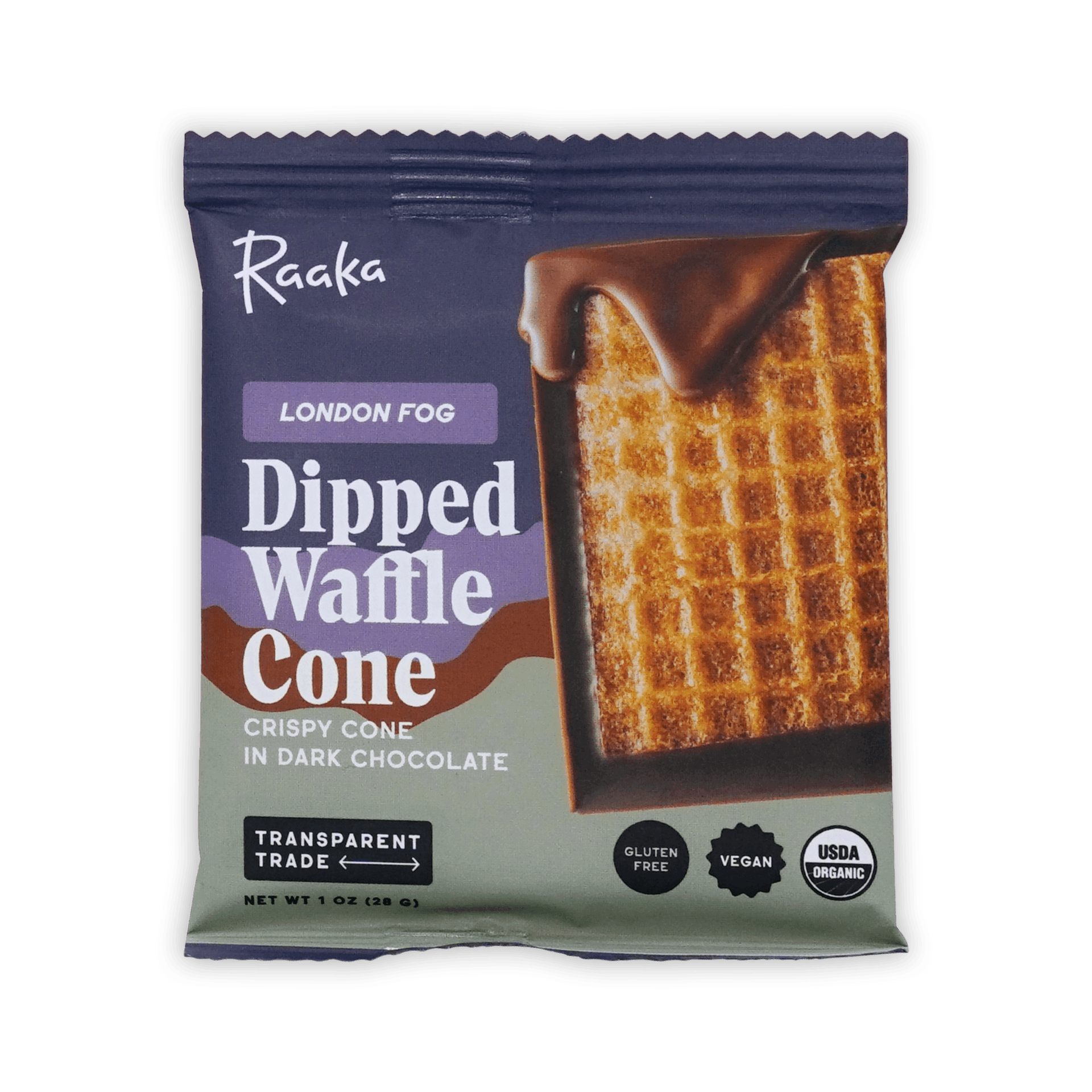 Raaka London Fog Dipped Waffle Cone in purple and green wrapper showing chocolate-dipped waffle, crispy cone in dark chocolate.