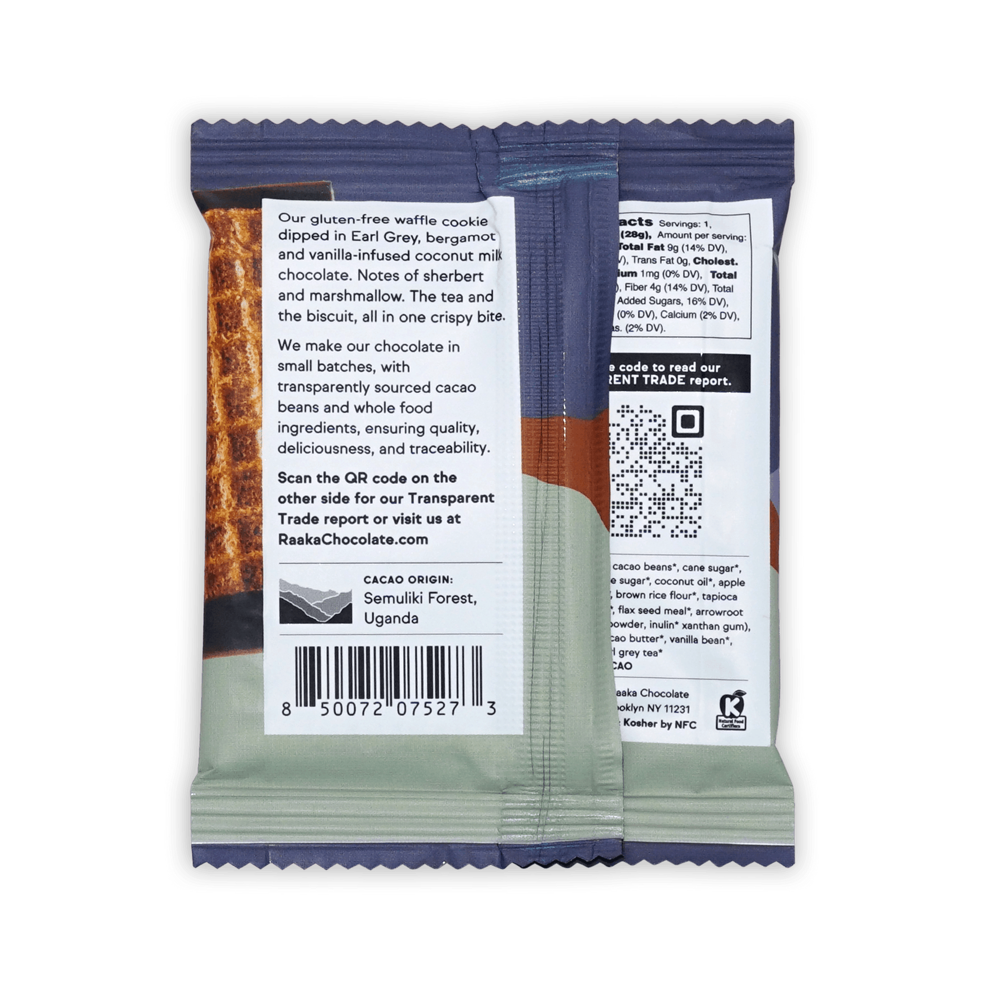 Back of Raaka London Fog waffle cone wrapper, description, cacao origin Semuliki Forest Uganda, QR code and barcode.