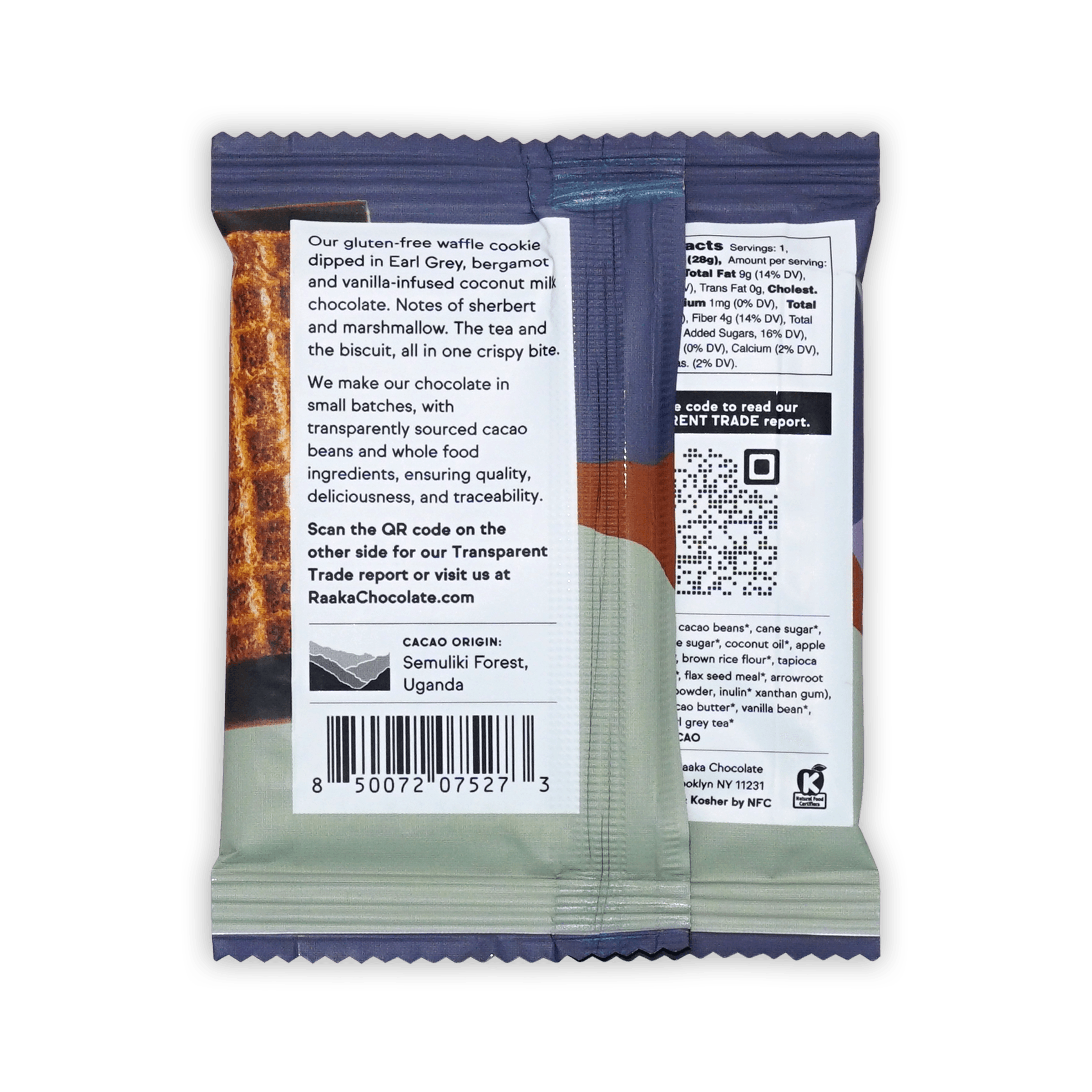 Back of Raaka London Fog waffle cone wrapper, description, cacao origin Semuliki Forest Uganda, QR code and barcode.
