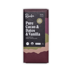 Raaka Pure Cacao & Dates & Vanilla 80% cacao bar, dark wrapper with No Added Sugar badge