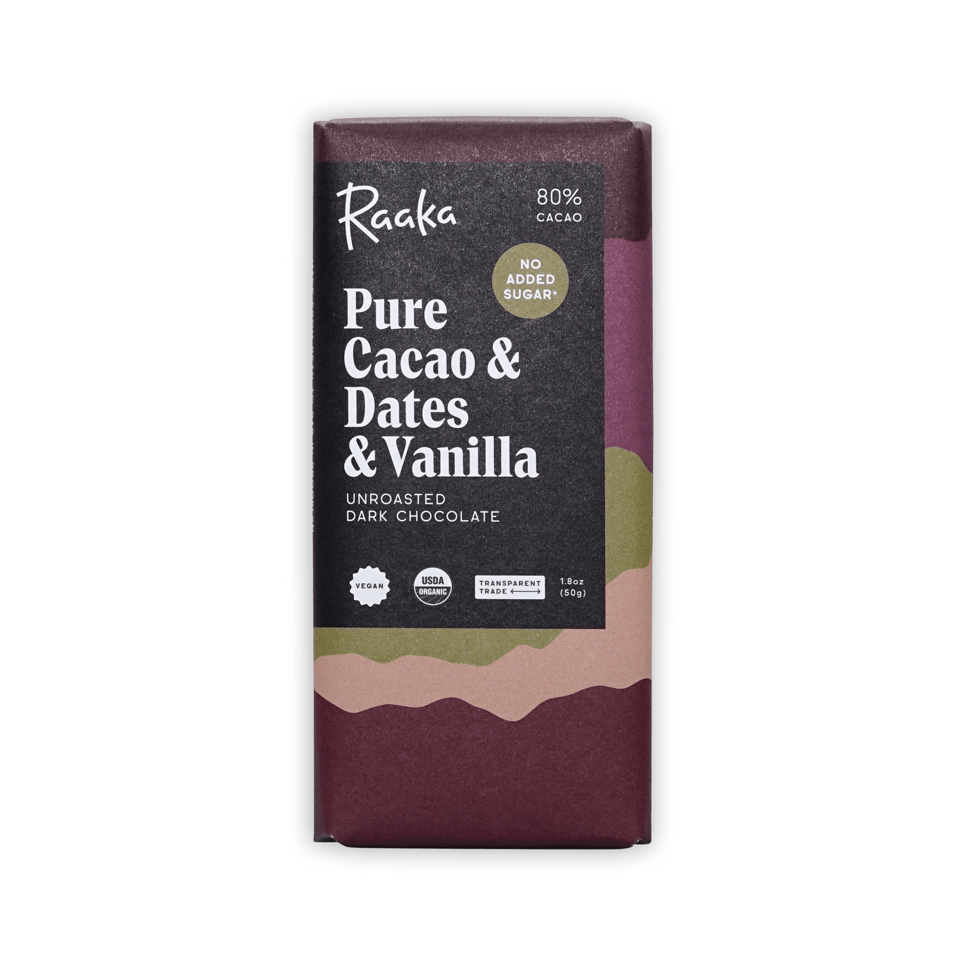 Raaka Pure Cacao & Dates & Vanilla 80% cacao bar, dark wrapper with No Added Sugar badge
