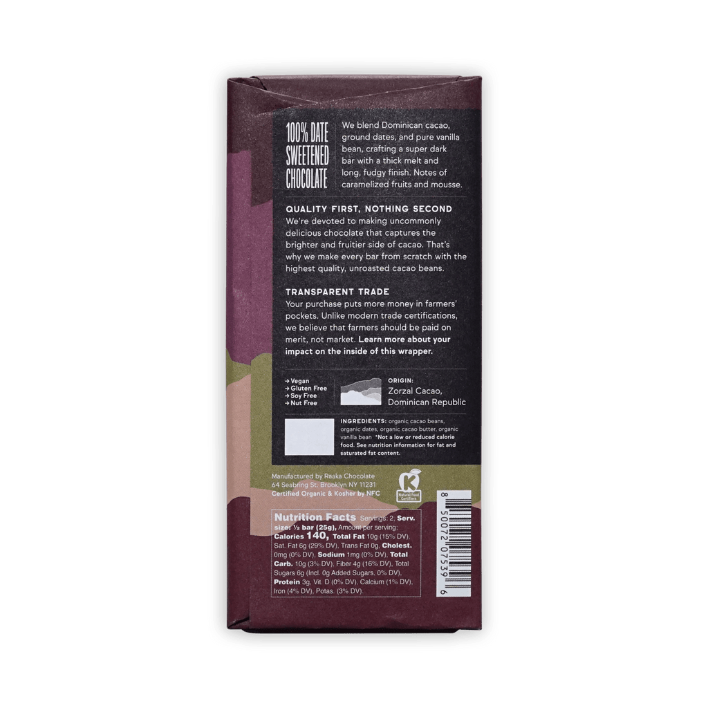 Back of Raaka Pure Cacao & Dates & Vanilla wrapper showing description, origin, ingredients and nutrition