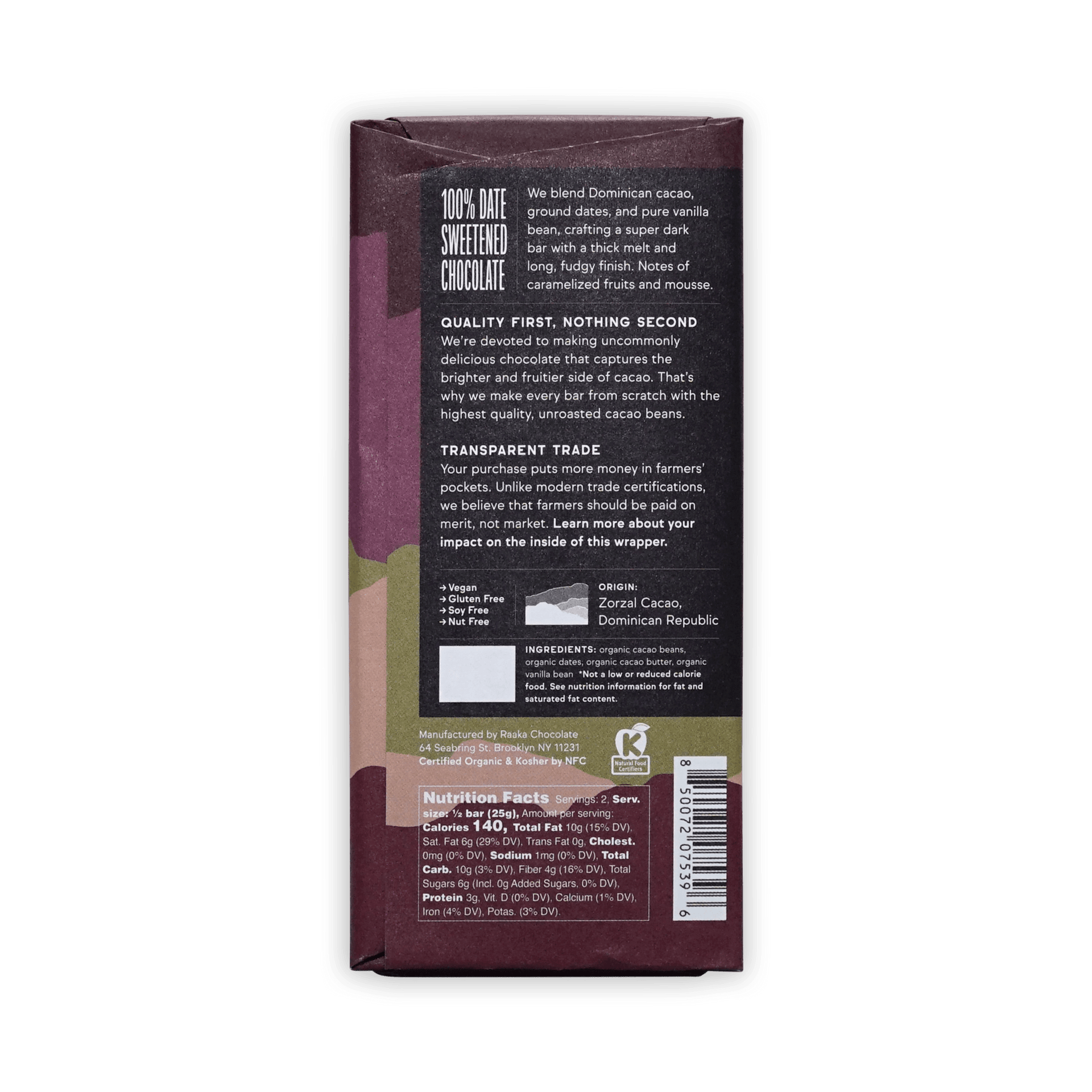 Back of Raaka Pure Cacao & Dates & Vanilla wrapper showing description, origin, ingredients and nutrition