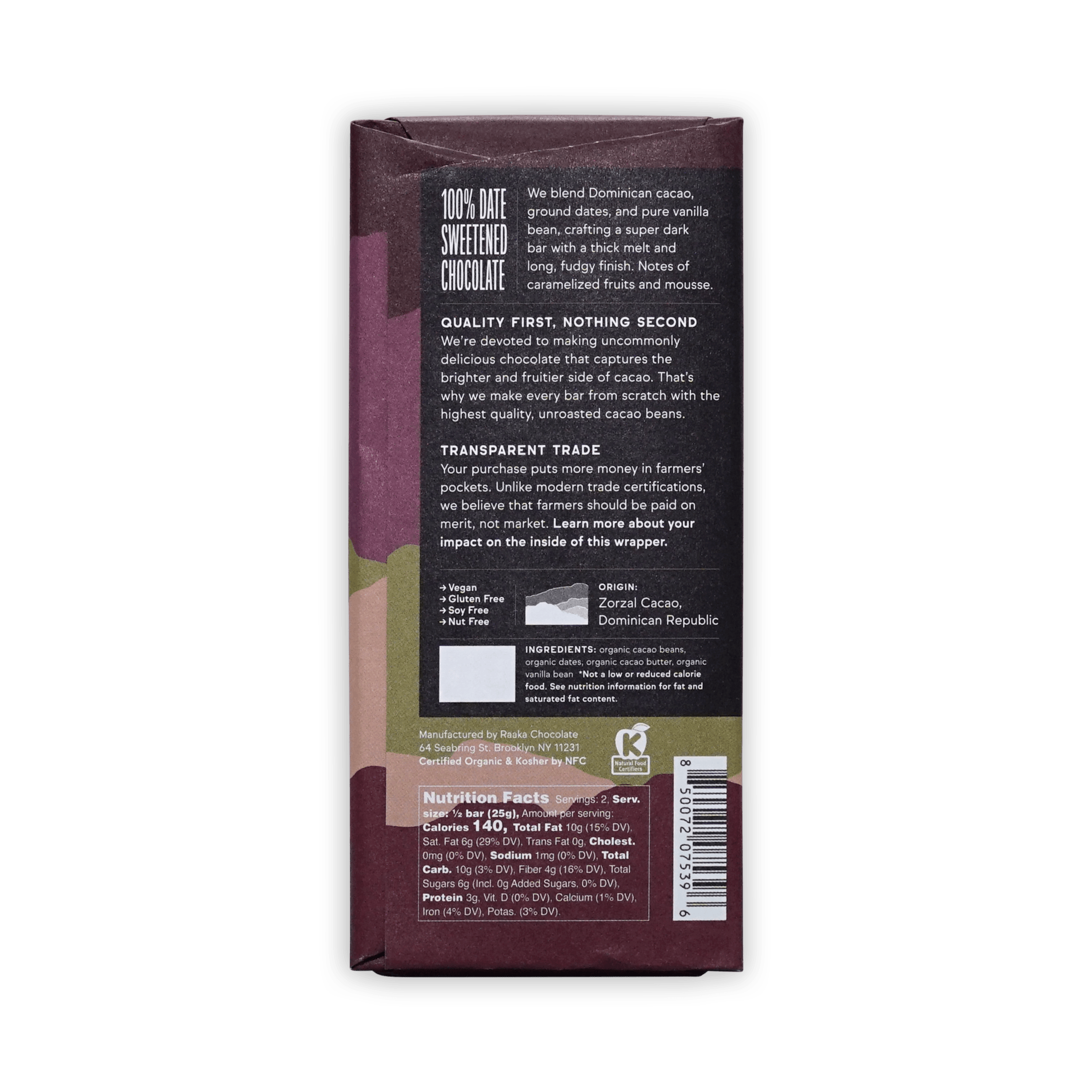 Back of Raaka Pure Cacao & Dates & Vanilla wrapper showing description, origin, ingredients and nutrition