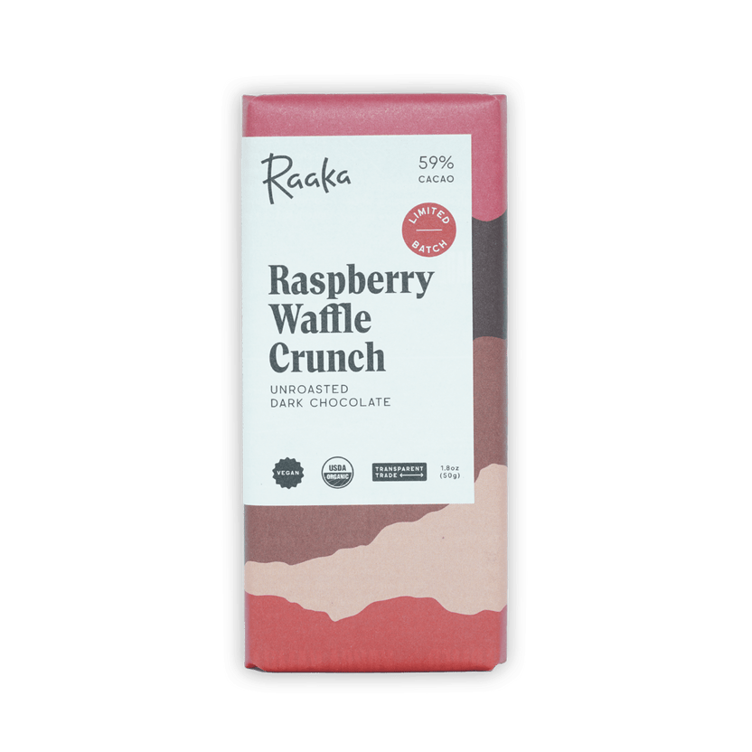 Raaka Raspberry Dark Waffle Crunch 59% front packaging