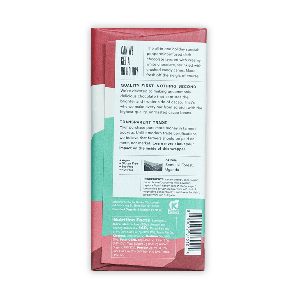 Raaka Peppermint Bark Bar: pink teal wrapped festive peppermint dark chocolate