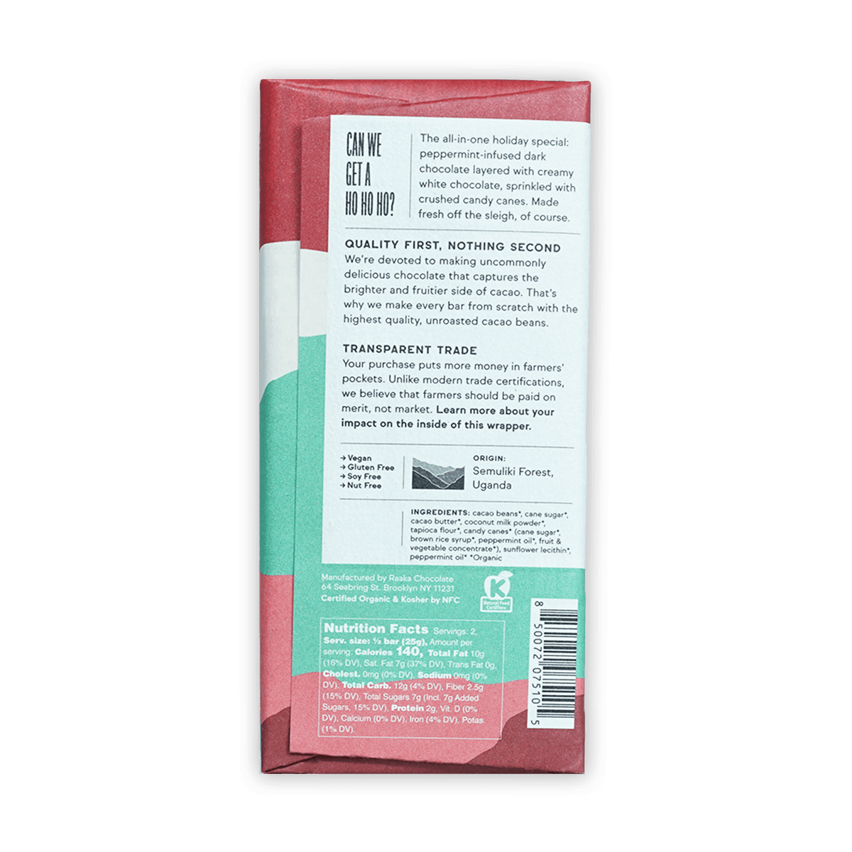 Raaka Peppermint Bark Bar: pink teal wrapped festive peppermint dark chocolate