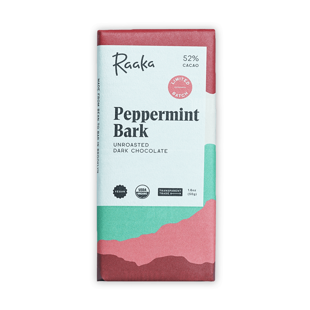 Raaka Peppermint Bark 52% cacao unroasted dark chocolate bar
