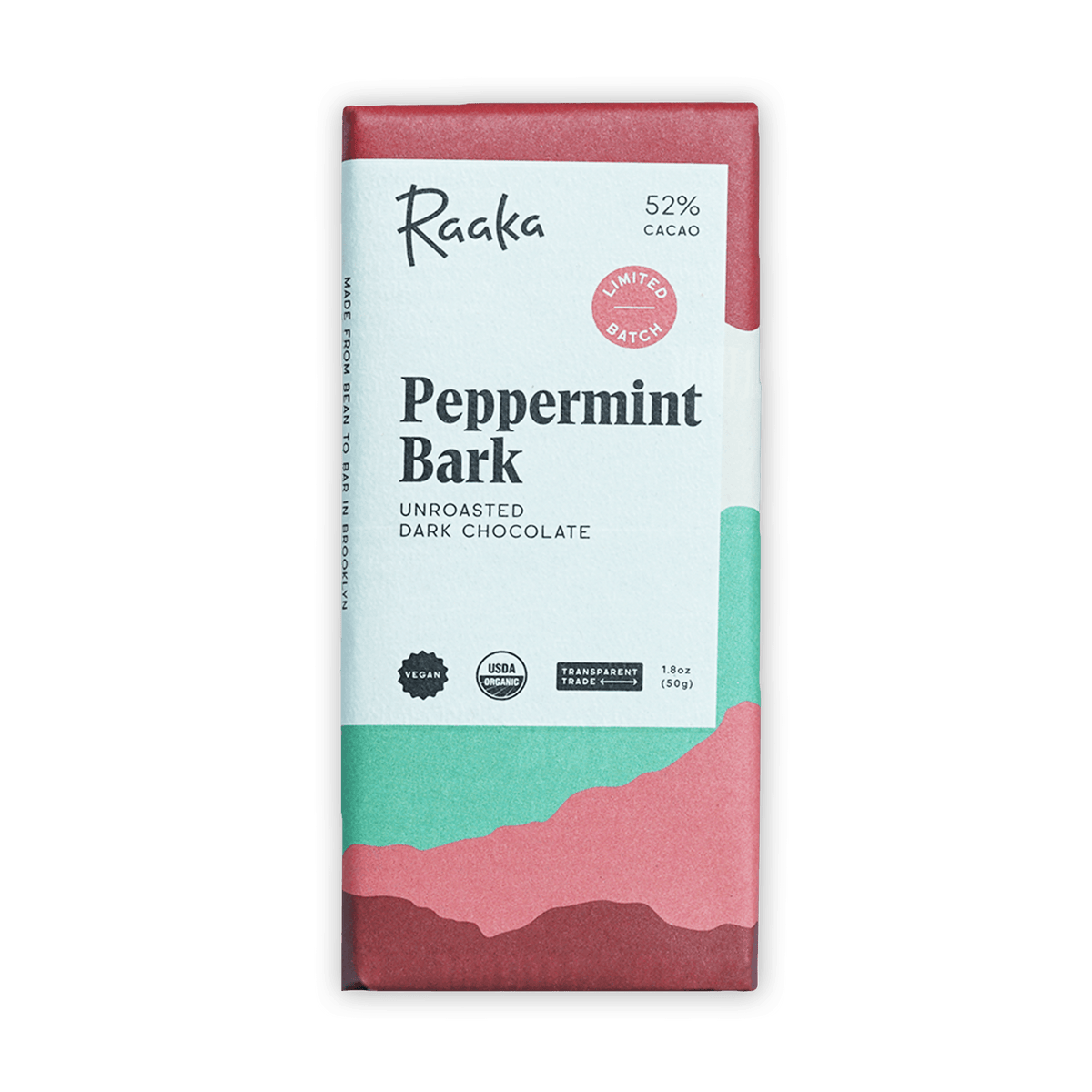 Raaka Peppermint Bark 52% cacao unroasted dark chocolate bar