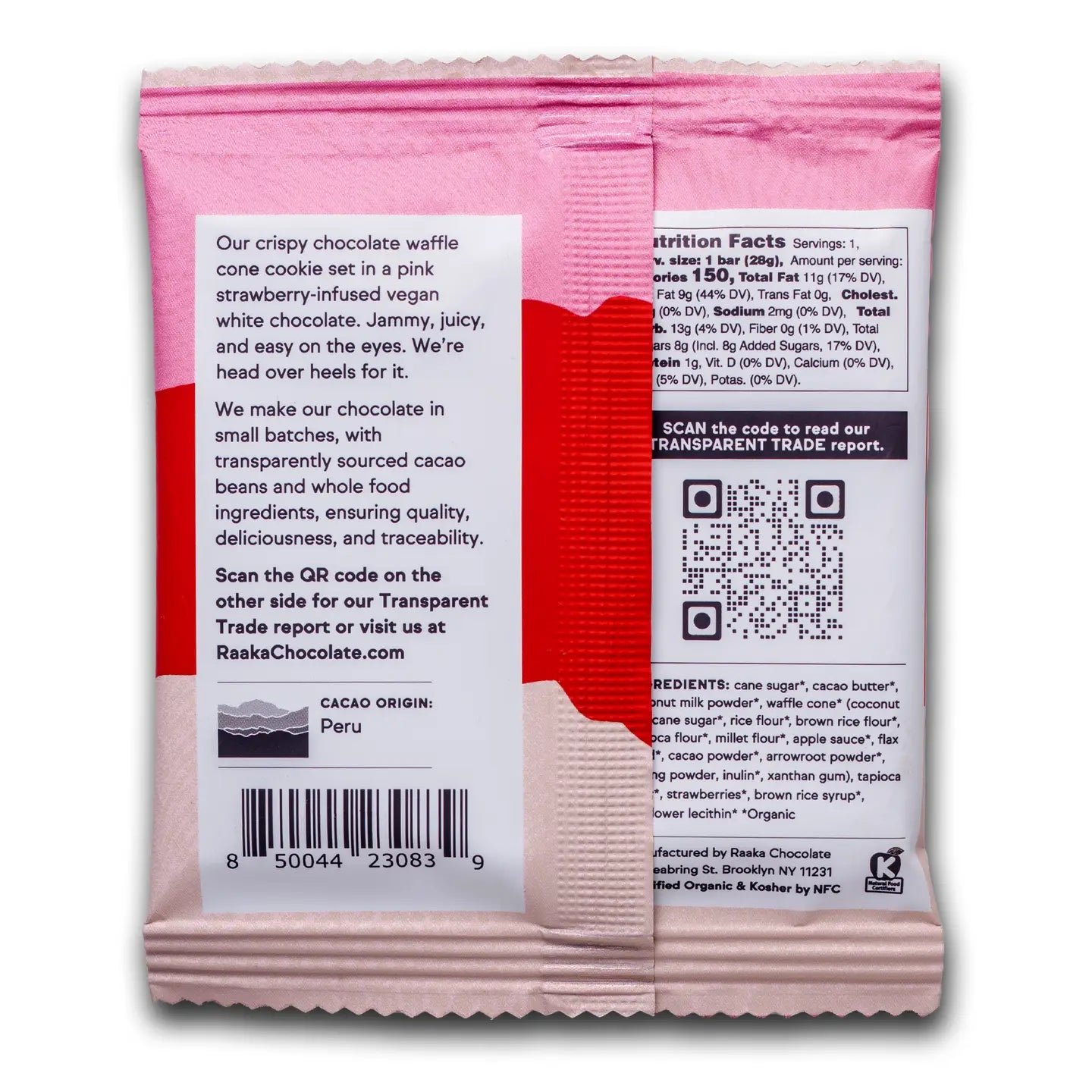 Raaka Strawberry Dipped Waffle Cone vegan chocolate bar with strawberry waffle cone cookie inside