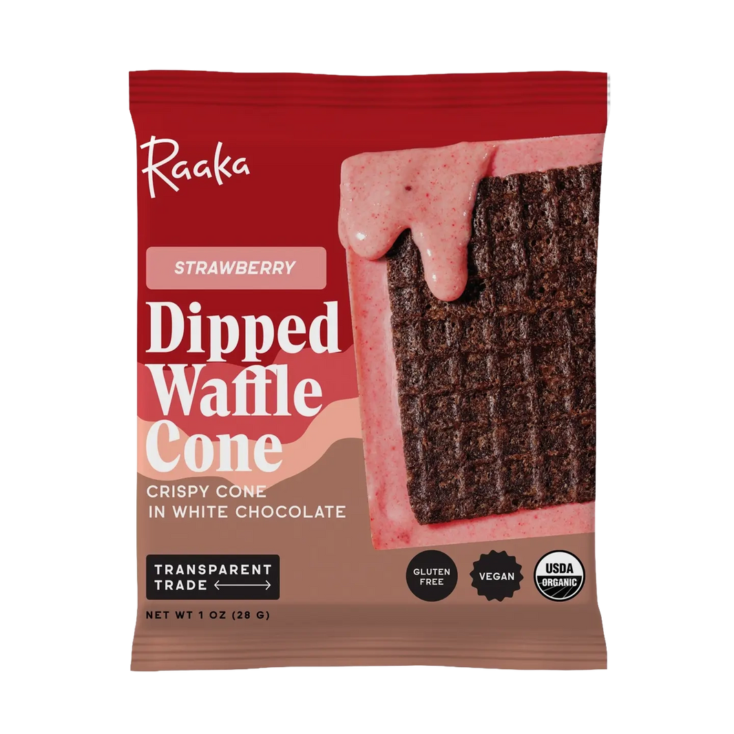 Raaka Strawberry Dipped Waffle Cone in red brown pouch