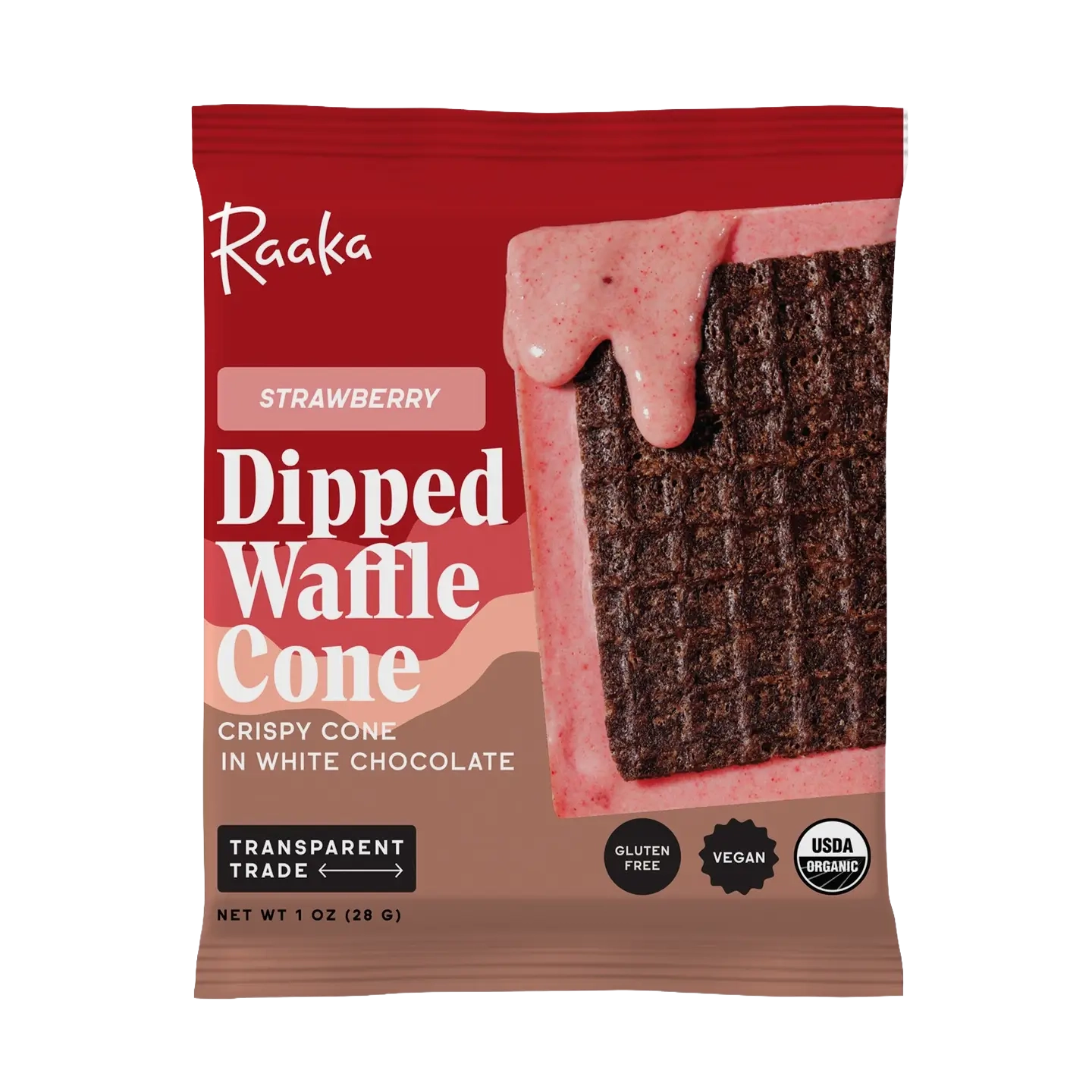 Raaka Strawberry Dipped Waffle Cone in red brown pouch