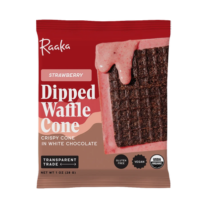 Raaka Strawberry Dipped Waffle Cone in red brown pouch