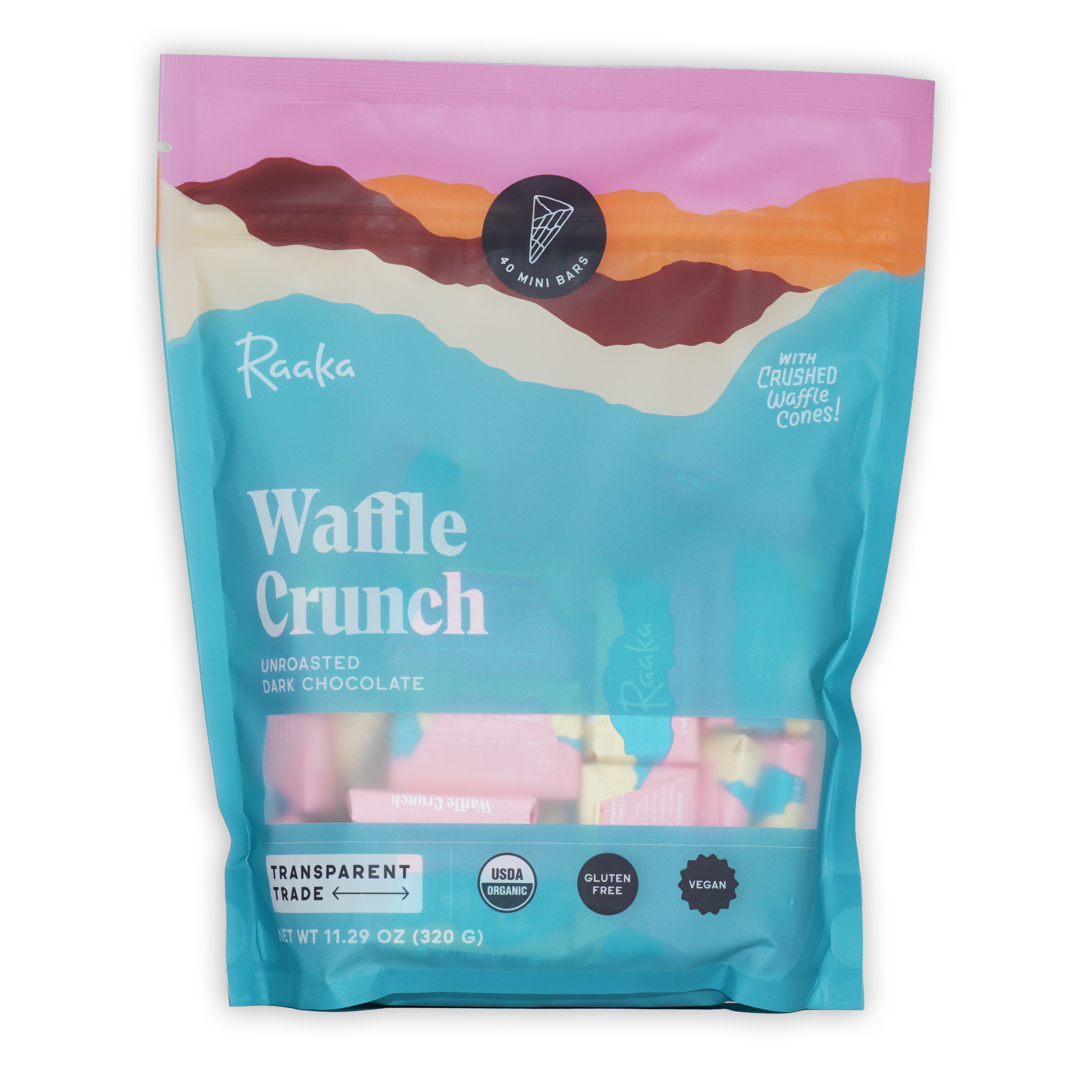Raaka Waffle Crunch 61% unroasted dark mini bars in pink teal pouch