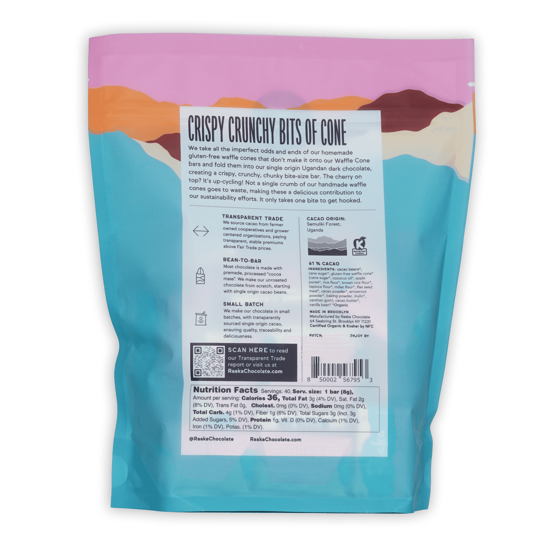 Back of Raaka Waffle Crunch Mini Chocolate Bars 61% 40ct bag