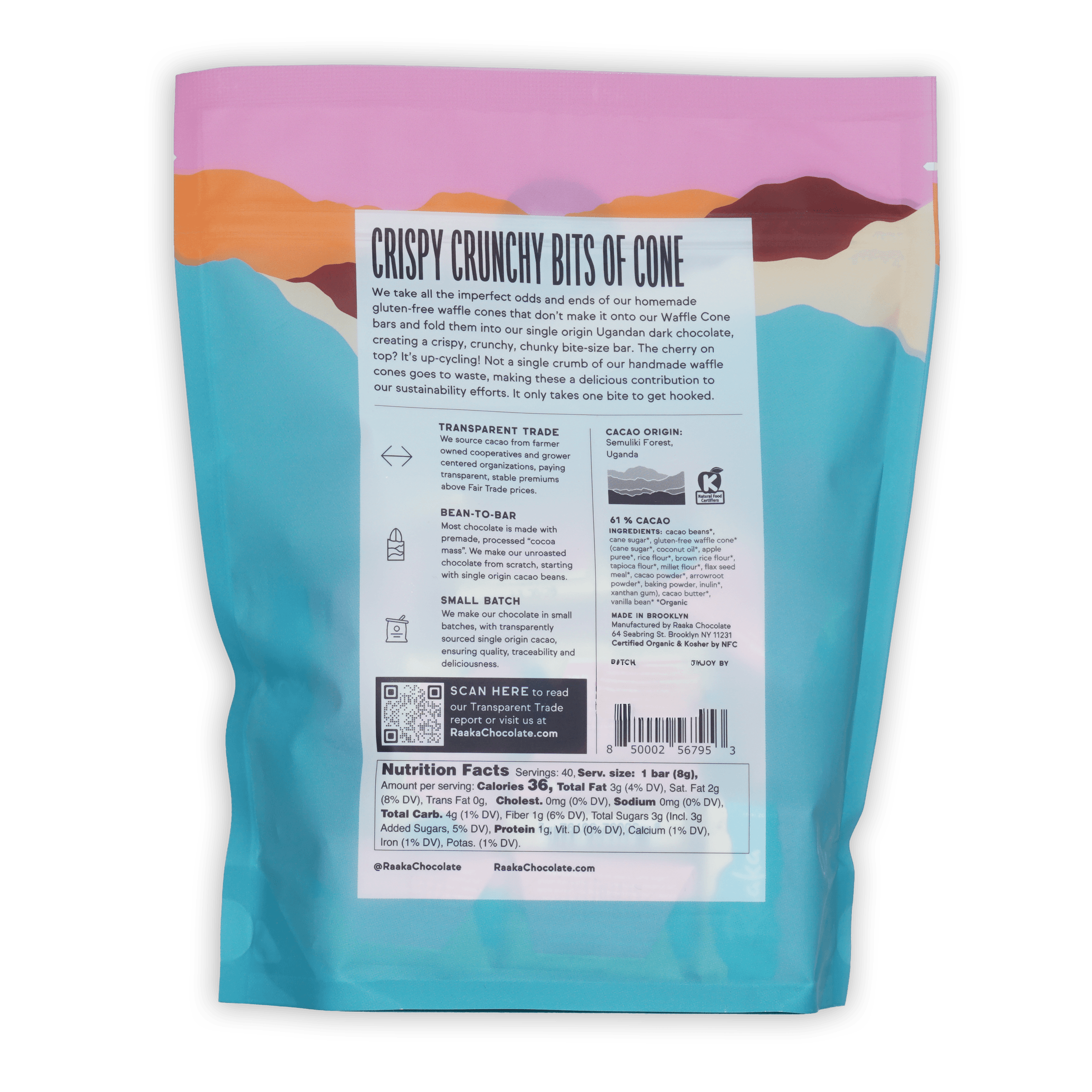 Back of Raaka Waffle Crunch Mini Chocolate Bars 61% 40ct bag