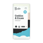 Raaka vegan white chocolate cookies and cream bar, minimalist package