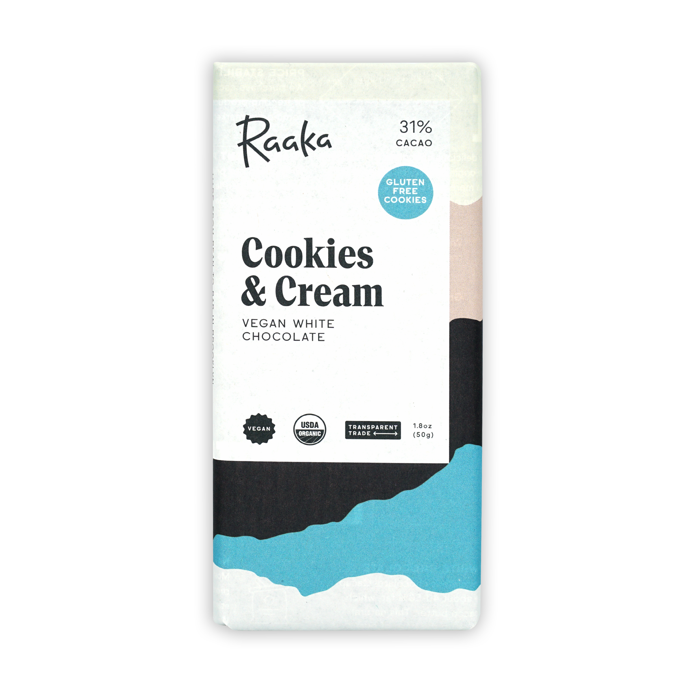 Raaka vegan white chocolate cookies and cream bar, minimalist package