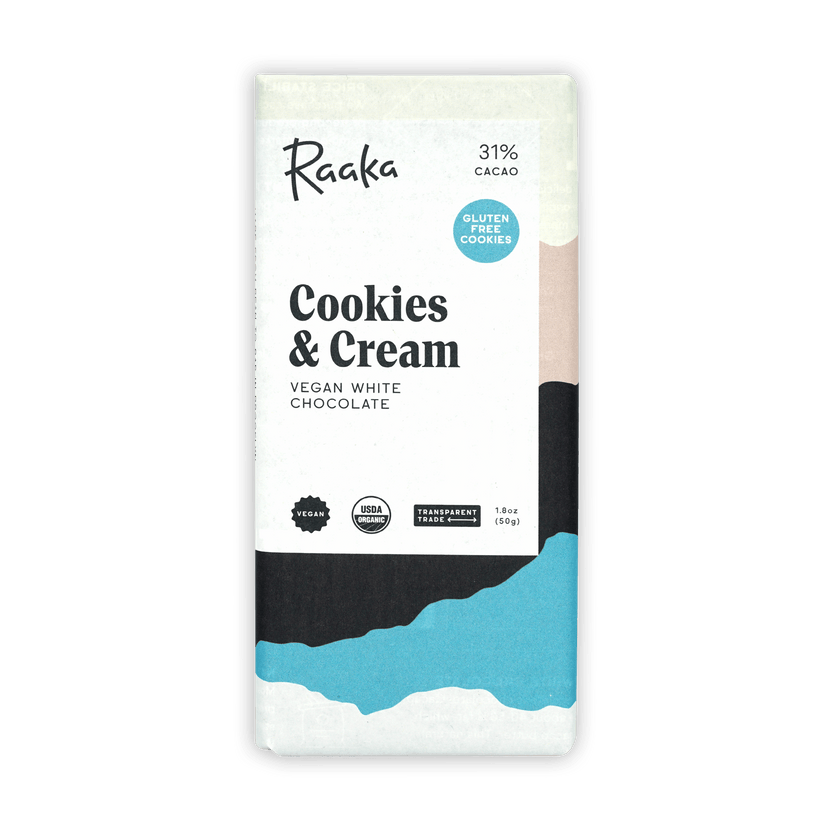 Raaka vegan white chocolate cookies and cream bar, minimalist package